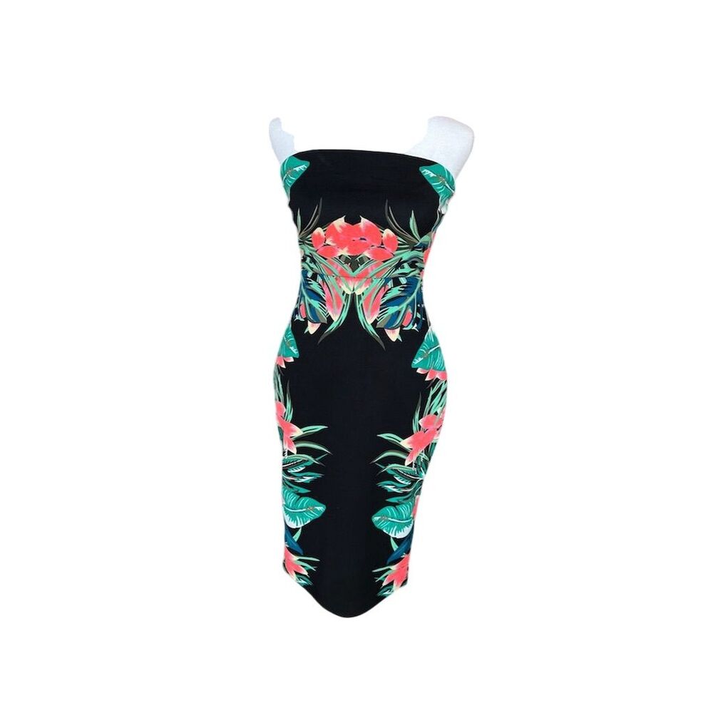 Express Women's Strapless Tropical Floral Midi Dress Size 2 Party